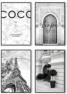 Postertech® Poster Set Grau | Moderne Bilder als Wanddeko | OHNE Bilderrahmen | 4X DIN A4 | Coco Paris Eiffelturm Fashion Grey