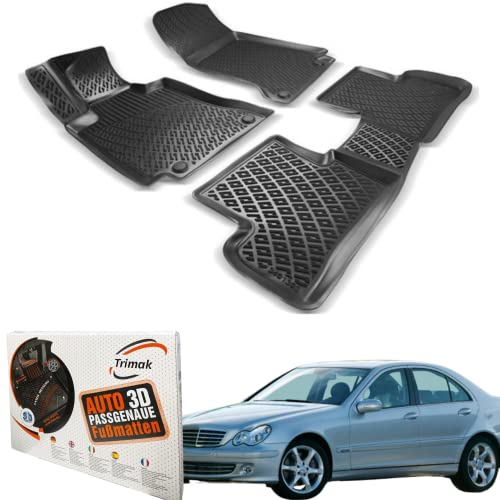 Trimak Passgenau 3D Fussmatten Auto Kompatibel mit Mercedes C Klasse W203 2000-2007 Auto Zubehör 1. Und 2. Reihe Gummimatten Autos TPE Allwetter Geruchlos rutschfest Vorne und Hinten Schwarz