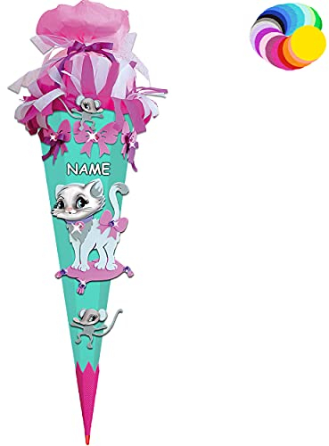alles-meine.de GmbH Bastelset - Schultüte Farbe & Größe wählbar 70/85 / 100 cm - Katze & Maus - inkl. Name - Farbe frei wählbar - Bastelschultüte - Zuckertüte zum selber Ba..