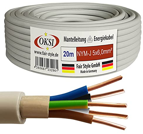 OKSI 20m NYM-J 5x6,0 mm² Mantelleitung Feuchtraumkabel Elektrokabel Kupfer Made in Germany
