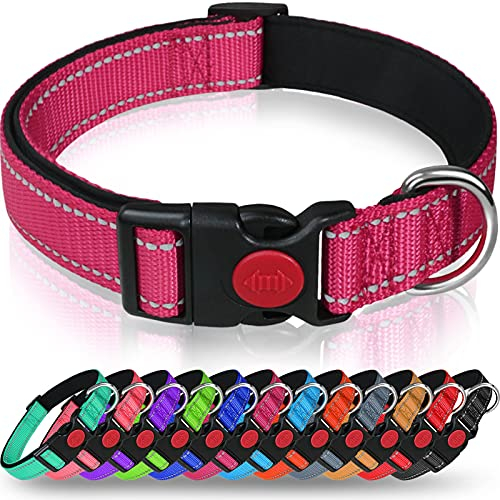 Taglory Hundehalsband, Weich Gepolstertes Neopren Nylon Hunde Halsband für Extra Große Hunde, Verstellbar und Reflektierend für das Training, Hot Pink