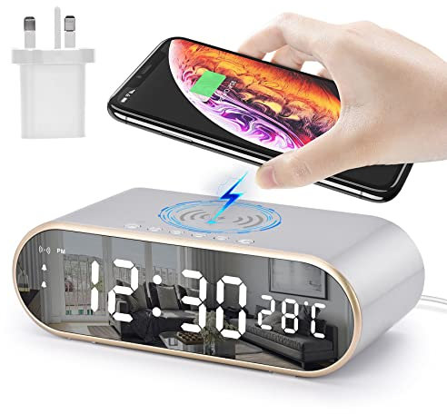 U-picks Alarm Clock with Qi wireless charging,max 15W fast charging,Bedside Digital Desk Clock with Adapter/Snooze/Dual Alarm/Temperature/4 Brightness, Digital Alarm Clock for Office,Bedroom-Silver