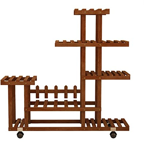 XJHOME Pflanzentreppe Holz Blumenständer mit Rollen Pflanzenregal Blumenregal Balkon Blumentreppe Holz Blumenbank mehrstöckig Blumentöpfe Holzregal