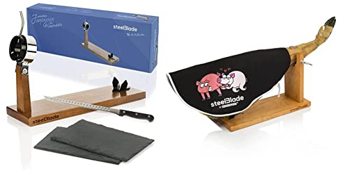 Steelblade - Jamonero Giratorio 360º en Madera Lacada + Cuchillo Jamonero 28 cm + 2 Platos de Pizarra Natural - Soporte Jamonero Fabricado en España - Jamonera 2 Posiciones para Jamones y Paletas