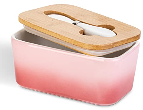 Porcelain Butter Dish with Butterknife & Lid, Henten Home Airtight Butter Keeper for Countertop, Large Butter Holder for All Types of Butter(Sakura Pink)