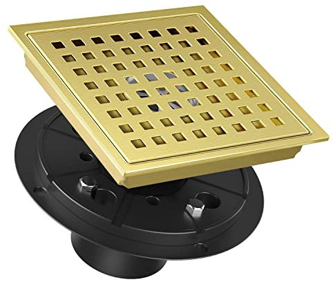 Bmvlffs 6 Inch Square Shower Drain Brushed Gold with Removable Quadrato Pattern Grate, SUS 304 Stainless Steel Floor Drain with Flange