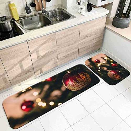 Banemi In/Outdoor Teppich, Teppich Küche Vintage Rot Grün Dekoration Ball Weihnachtsbaum 40X60cm+40X120cm Heimtextilien