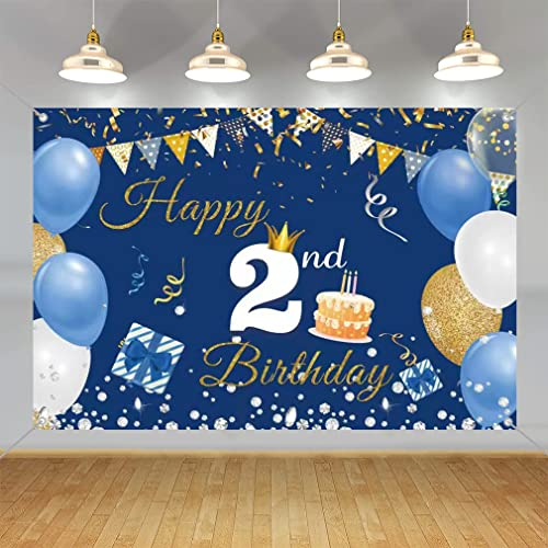 Dekoration zum 2. Geburtstag für Jungen/Mädchen, 2 Jahre altes Hintergrund-Banner, Stoffschild, Poster, Happy 2nd Birthday Partyzubehör, blauer Fotografie-Hintergrund, Willkommensschild, 150 cm x 90