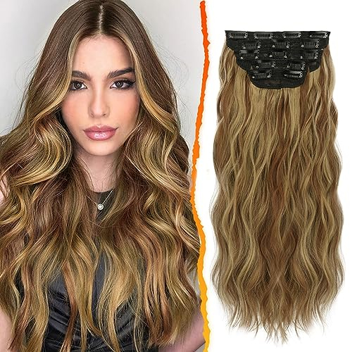 BARSDAR Clip in Extensions, 5 PCS Lange Wellige Clip in Haarverlängerungen Dickes Natürliches Weiches Synthetisches Haarteil Für Frauen Mädchen -45 cm, Toffee Brown mit goldblonden Strähnchen