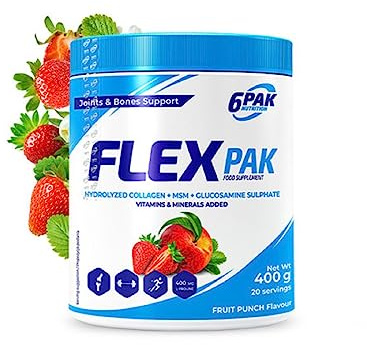 6Pak - Flex Pak - Hydrolysiertes Kollagen + MSM + Glucosamin Suplhate - Vitamine und Mineralien - Gelenke und Knochen unterstützen - 400g Pulver - Geschmack: (Erdbeere)