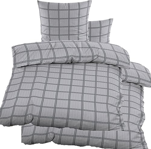 KH-Haushaltshandel 4-TLG. Seersucker Bettwäsche 2X 135x200 +80x80cm, hellgrau, kariert, bügelfrei, Microfaser(60373)