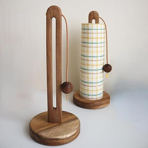 Natural Wood Vertical Paper Towel Holder with a Cute Pendant– Space-Saving Freestanding Design to Store Paper Towels, Dishcloths, Wraps, and Bags – Organize Your Kitchen with Style!