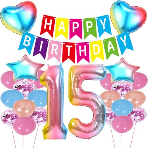 ZWWsullo geburtstagsdeko mädchen 15 geburtstag Luftballon 15 Geburtstag Dekoration Set 15 Geburtstag Deko Regenbogen 15 Geburtstag Deko Helium Folienballon Riesen Helium Happy Birthday Party