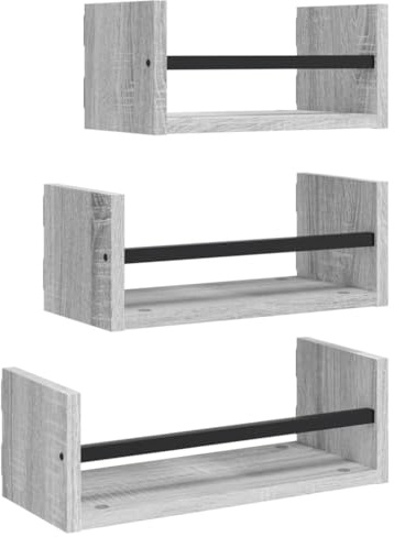vidaXL 3-TLG. Wandregal-Set mit Stangen Grau Sonoma Holzwerkstoff