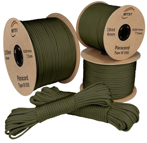 MITSY Paracord 550 Typ III Nylon Schnur 4 mm 10 Meter Khaki | Fallschirmschnur, 7 Kern Seil, Reißfest & Wetterfest, Allzweckseil für Camping, Outdoor & Survival, 10m, 25m, 50m, 100m, 250m