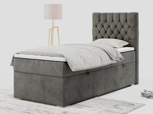 MKS MEBLE Boxspringbett 90x200 mit Matratze, Einzelbett 90x200 mit Bettkasten und Topper, Jugendbett 90x200 mit Stauraum -PERA 90 cm - Dunkelgrau Velvet - H3 - Rechte Seite