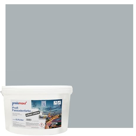 Preismaxx Profi Fassadenfarbe urban colors, bunte Außenfarbe, grau, betongrau, concrete grey 2,5L, matte, wasserabweisende Aussen-Dispersion, hohe Wasserdampfdurchlässigkeit