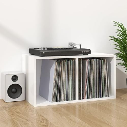 Scatola portaoggetti per dischi in vinile, legno compensato, bianco lucido, 71 x 34 x 36 cm, 2 scomparti, uso verticale o orizzontale