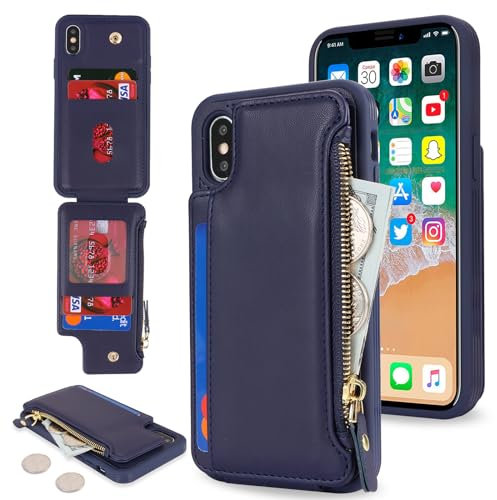 SailorTech Etui pour iPhone X Étui avec Porte-Cartes de crédit, Housse pour iPhone XS Étui à Fermeture éclair Portefeuille avec Fentes pour Cartes de crédit-Bleu