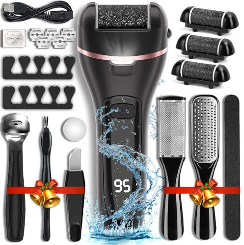 Removedor eléctrico de callos para pies con 3 cabezales de rodillo, 2 velocidades, recargable, impermeable, kit de pedicura profesional, herramientas de lima de pies 17 en 1, perfecto para piel seca y