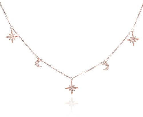 Diamond Treats Dainty Moon and Star Charm Necklace in 925 Sterling Silver With Sparkling Cubic Zirconia Stones, Rose Gold for Women and Teen Girls