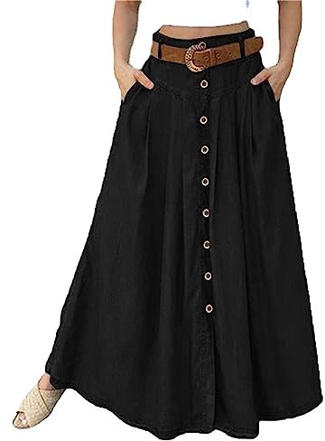 Damen Knöpfen Einfarbige Lange Röcke mit Taschen Slim Sexy Elegant Lockere Maxirock Sommer Casual Bequeme Wrapped Halb Rock (Schwarz,3XL)