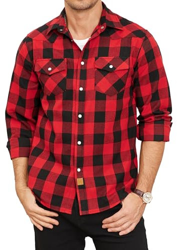 TARAINYA Chemise Flanelle Homme A Carreaux Western Cowboy Manches Longues avec Boutons-Pression Regular Fit Rouge Noir Buffalo XL
