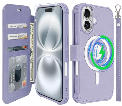 VANAVAGY Compatible for iPhone 16 Wallet Case for Magsafe Wireless Charging,Leather Flip Folio Wrist [Glass Screen Protectors and Camera Lens Protectors]with RFID Block Card Holder,Clove Purple