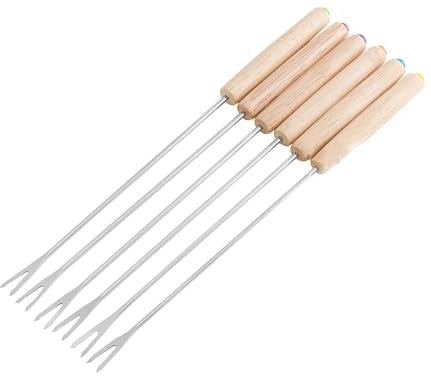 HAOHIZE Tenedores para fondue, 6 tenedores para fondue de acero inoxidable, palitos para fondue de queso, palitos ahumados con mango de madera, resistentes al calor para queso y