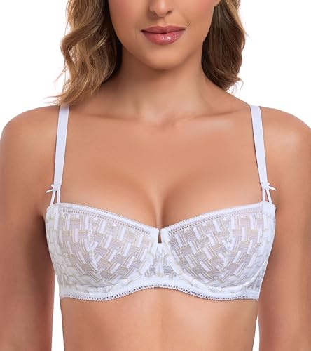 Lemorosy Women's Demi Balconette Push Up Underwire Lace Bra(34DD,White)