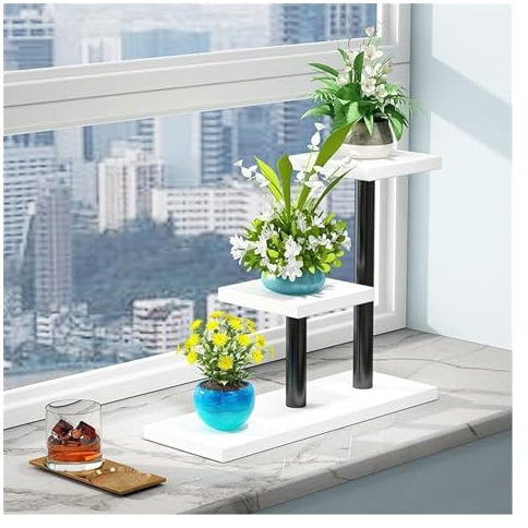 Pflanzenständer, Blumenständer, quadratisch, für den Schreibtisch, Sukkulenten, Metall, Tischplatte, Fensterbank, Regal, niedliches Gestell (Farbe: Wit2, Größe: 40 x 15 x 20 cm) (zwart2, 40 x 15 x 20