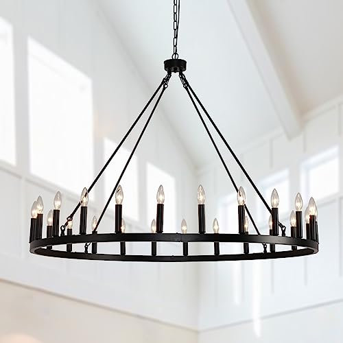 Mid Century Kronleuchter mit 24 Lichtern, schwarzer Wagenrad, für die Veranda, große runde Kerzenhalterung