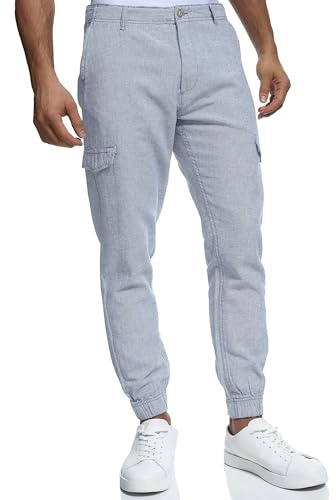 Indicode Herren Booth Cargohose aus Leinen & Baumwolle mit 6 Taschen | Stoffhose für Männer Blue Wave, S