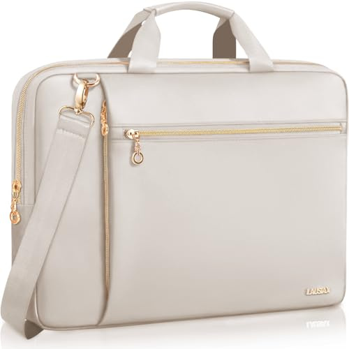 Lausiax Laptop Case Bag Women Men Computer Sleeve Compatible with MacBook/Dell/HP/Acer/ASUS/LG, Waterproof Shoulder Carrying Briefcase, Beige, 15.6-16 Inch