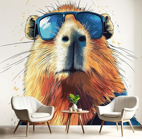 Watercolor Animals Wallpaper 3D Embossed Wallpaper, 350×256 CM (W×H) Cool Capybara Feature Wallpaper for Bedroom Adults Teenager Living Room Lounge Hallway Hall
