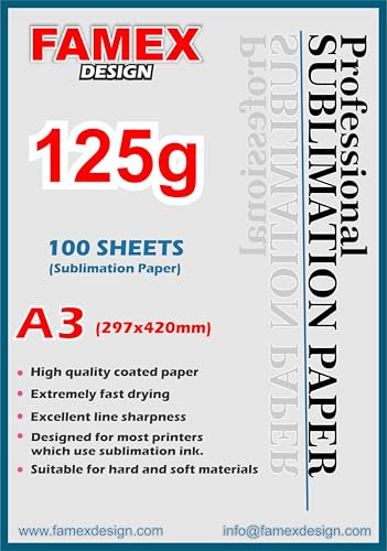 125g A3 Premium Quality A3 420x297mm Sublimation Paper for Mug Transfer and Heat Press Compatible with Epson, Sawgrass, Ricoh, Brother Sublimation Printer (100)