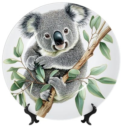 ZSUUGJ Funny Koalas Assiette en céramique de 25,4 cm avec support mural pour décoration d'intérieur