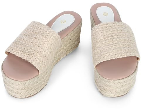 Ynport Crefreak Damen Plateau-Keilabsatz-Sandalen – Schlupf-Espadrille-Flatform-Mules mit offener Spitze, Bohemian-Stil, Jute- und Raffia-Design für Strand und lässigen Alltag, Aprikose, EU 38