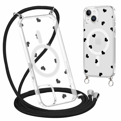 Votvloay Magnetisch Handyhülle Handyband für iPhone 15 6,1 Hülle mit Band, Kordel zum Umhängen Case Kompatibel mit Magsafe, Transparent Silikon TPU Stoßfest Schutzhülle mit Aesthetic Muster Herz