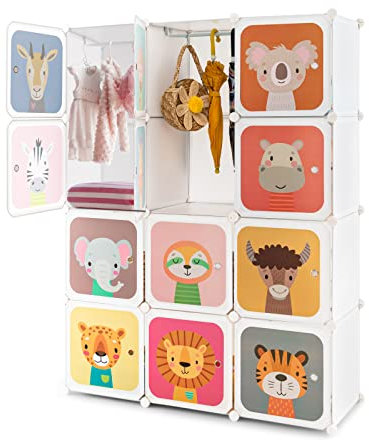 DREAMADE Kinderkleiderschrank mit 8/12 Würfeln, Kinder Kleiderschrank Regalsystem aus Kunststoff, Kinderschrank mit Türen & Kleiderstange für Kinderzimmer, 110x37x145cm (12 Würfeln-Tier-Weiß)
