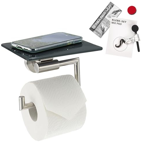 bremermann Bad-Serie PIAZZA - Toilettenpapierhalter mit grauer Glasablage 2in1 inkl. Klebeset, Toilettenpapierrollenhalter mit Soft-Close Funktion, WC-Rollenhalter, Toiletpaper Holder, aus Glas und Ed