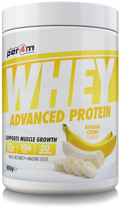 Per4m Whey Protein Powder | High Protein Shake for Muscle Growth & Recovery | Low Sugar Gym Supplement | Sports Nutrition Drink + Amino Acids (900g, Banana)