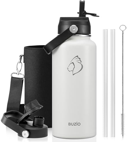 BUZIO Insulated Water Bottle 1L Stainless Steel with Straw & Spout Lid | Metal Water Bottle Keeps Cold 48 Hrs Hot 24 Hrs with Strap, Leakproof Drink Bottles, BPA-Free, for Gym, Travel, Sports