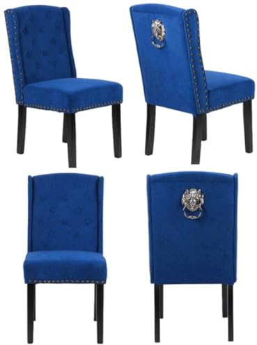MILLIES DESIGN Set of 4 FRANCESCA Luxury Velvet Dining Chairs, Luxury Velvet Chairs 12 Button backrest, studded detailing, Lion head knocker, wooden legs (BLUE VELVET)
