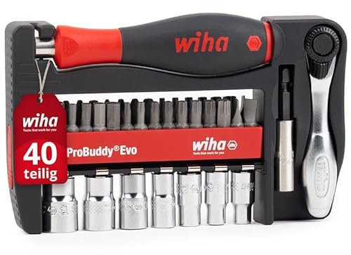 Wiha ProBuddy® Evo 40-tlg. Bit- & Steckschlüssel-Set 1/4 SoftFinish Schraubendrehergriff, Mini-Ratsche 72 Zähne, magnetischer Bithalter I Kompaktes Werkzeugset für Profi, Heimwerker, Fahrrad (46960)