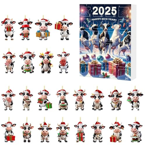 Milchkuh Adventskalender 2025, 24 Tage Weihnachts-Countdown-Kalender, niedliche Kuh-Ornamente, Weihnachtsüberraschung, Urlaubsgeschenke für Kinder, Mädchen, Jungen, Weihnachtsbaum, Zuhause, Tür, Wand