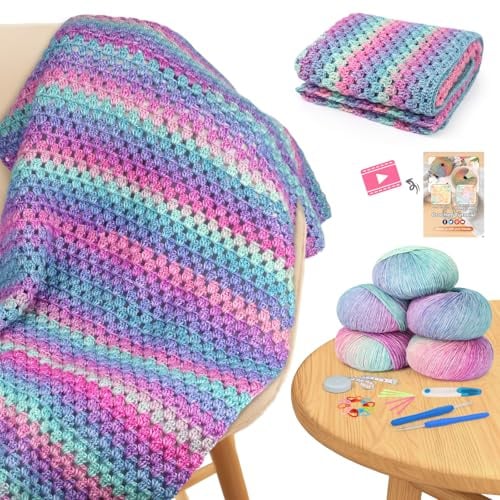 Aeelike Häkelset für Anfänger, Crochet Kit Decke Erwachsene | DIY Häkelsets Beginner mit 500g Weich Häkelgarn, Schritt-für-Schritt-Anleitung, 4,0mm Häkeln, Häkelzubehör, Tutorial Videos