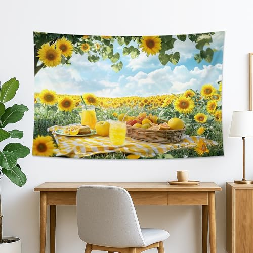 Sonnenblumen-Picknick-Wandteppich, leuchtender floraler Sommer-Wandbehang, fröhliche Wandteppiche für Wohnzimmer, Schlafzimmer, Schlafsaal-Dekoration, 152,4 x 127,7 cm