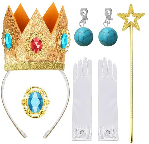 RAOPNHS Prinzessin Peach Kostüm Damen Zubehör-Set, Prinzessin Peach Kostüm Damen Accessoires Krone Handschuhe Brosche Ohrringe Zauberstab für Fasching, Karneval, Halloween und Cosplay-Party
