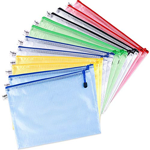 KUUQA 12 Stück A4 Mesh Dokumententasche Wasserdicht Zipper Taschen, PVC-Material, 32cm x 23cm, rot, gelb, weiß, blau, schwarz, grün